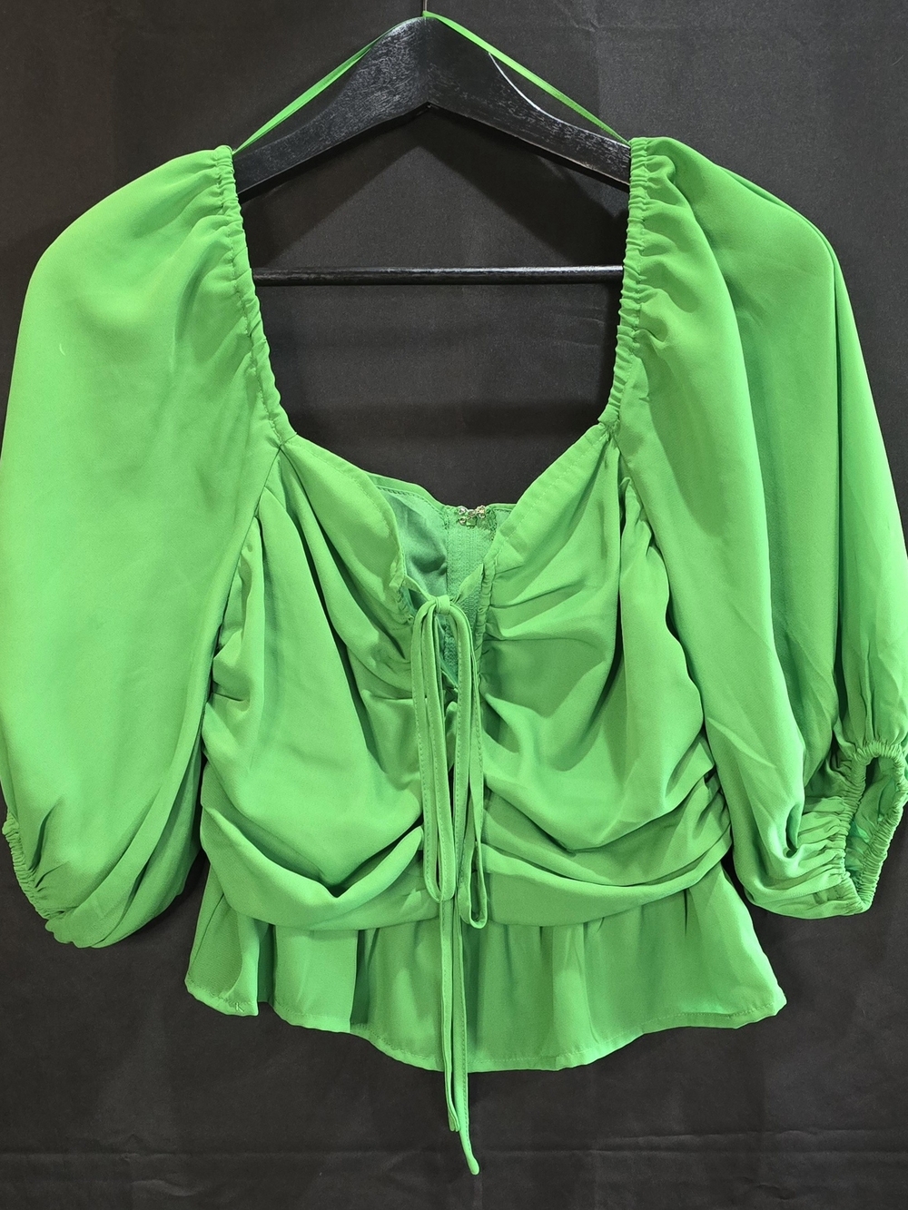 Jealous Tomato Green Ruched Front Crop Top Puff Sleeve Milkmaid Ruffle